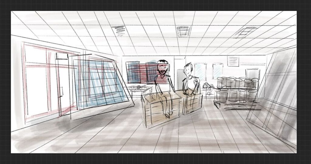 Totales Bild aus dem Storyboard für die Videotutorials für Dachdecker bei der Energiewende. Gemacht zum Zweck der Vorvisualisierung